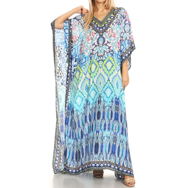 Sakkas Anahi Flowy Design V Neck Long Caftan Dress//Cover Up with Rhinestone